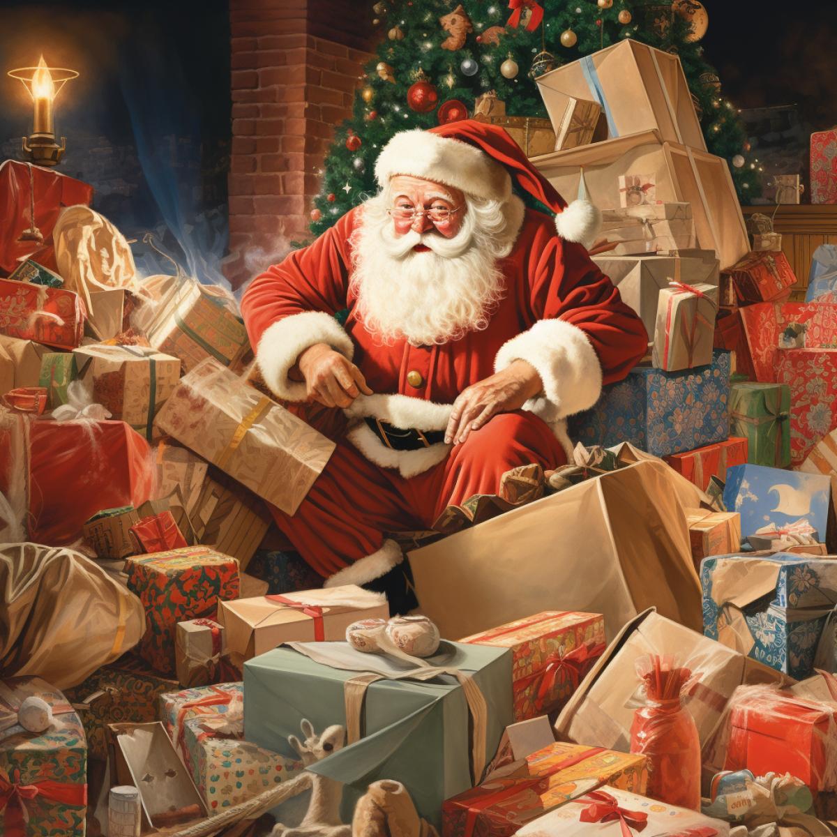 Santa puzzled among million boxes with gifts he is to pack into one sack