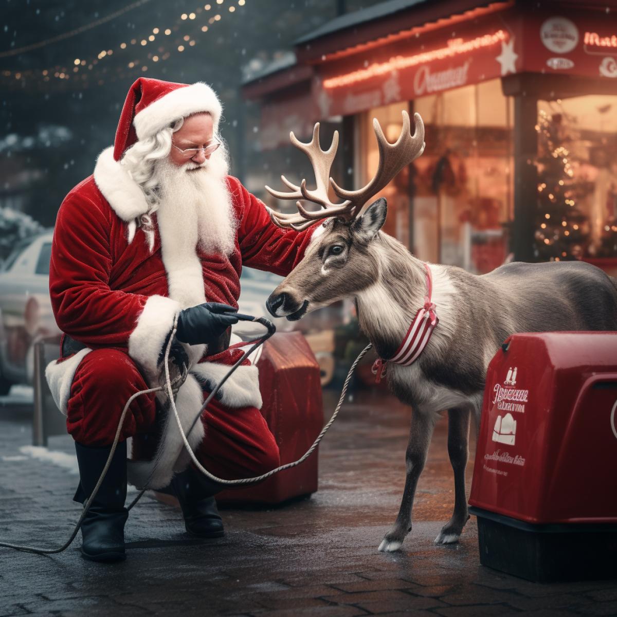Santa pumping up his magic deers at petrol station
