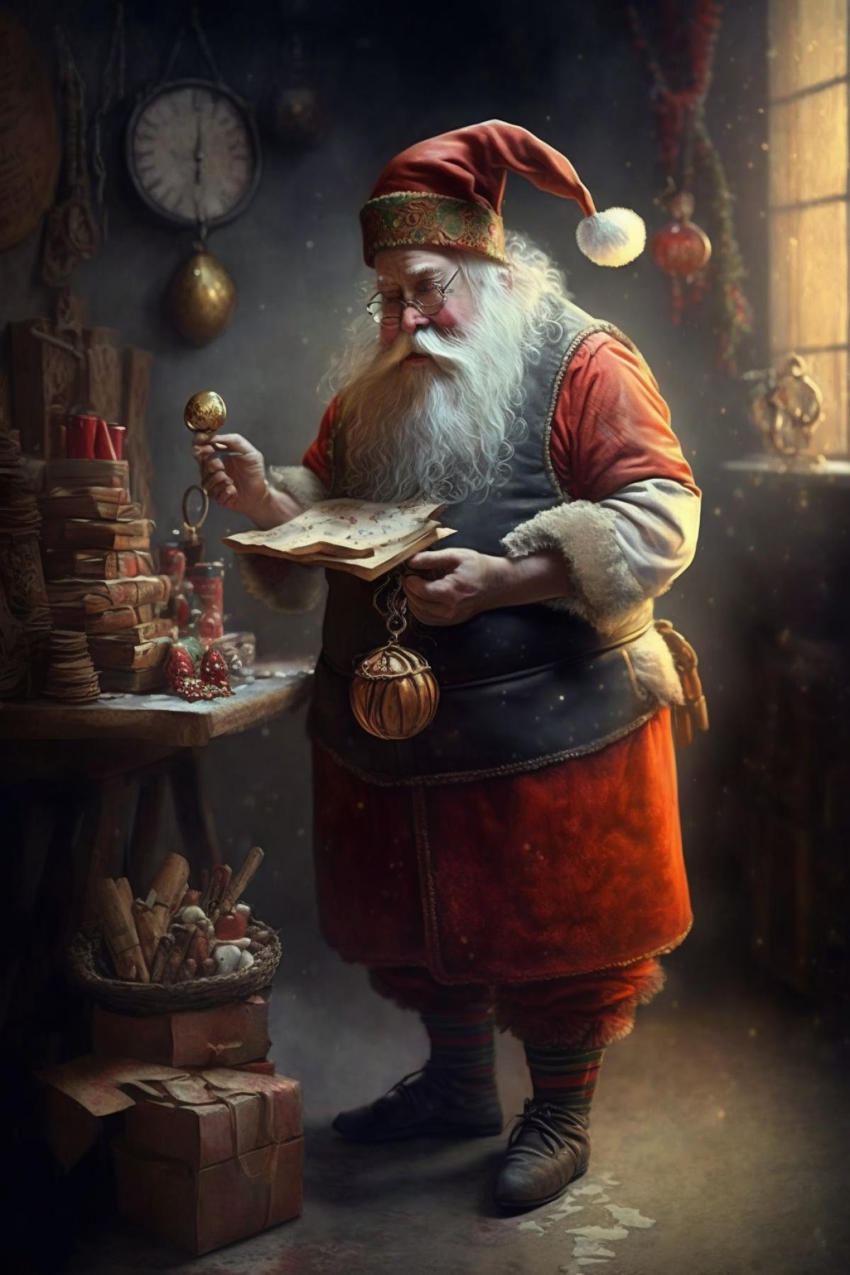 Santa Claus is preparing for the New Year, funny, fantasy, bright colors