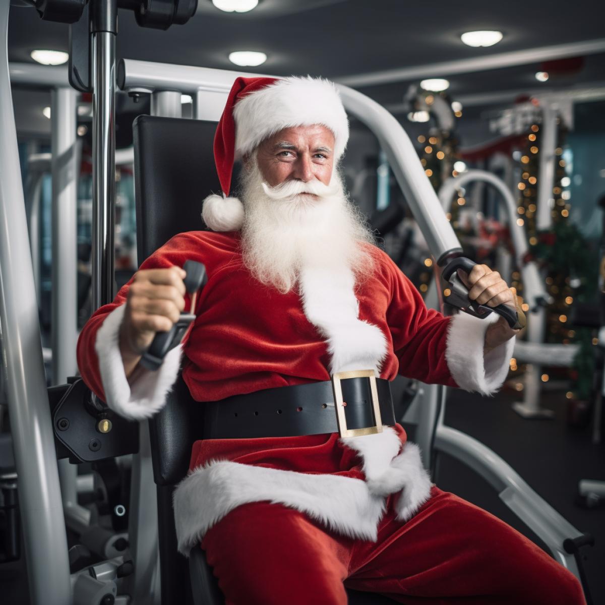 Santa works out on weight machines at the fitness center, professional photo