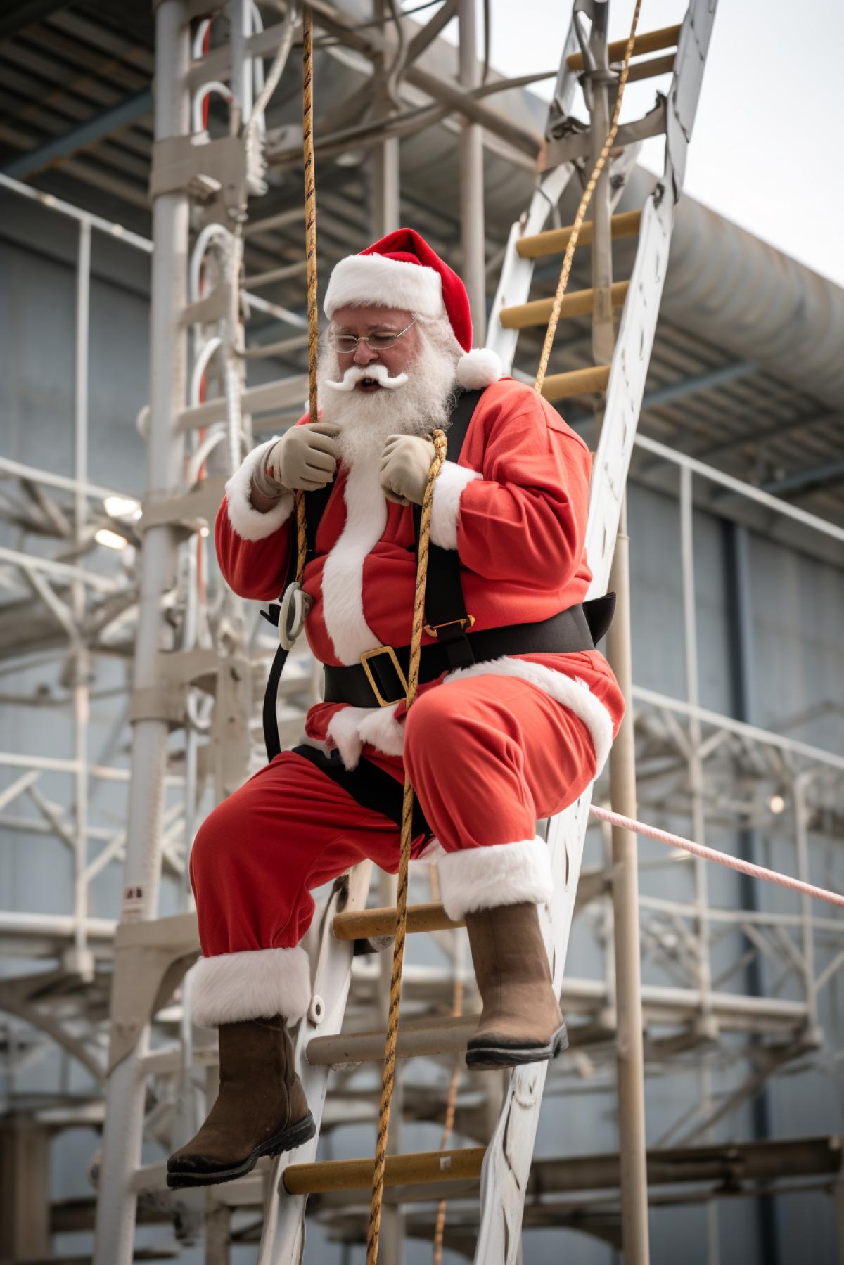 Santa practicing climbing a rope on a military base, professional photo