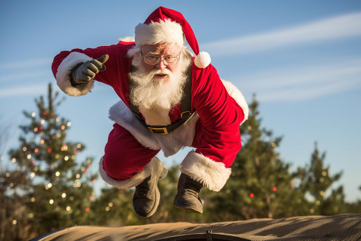 Santa tackles an obstacle course at a military training base, professional photo