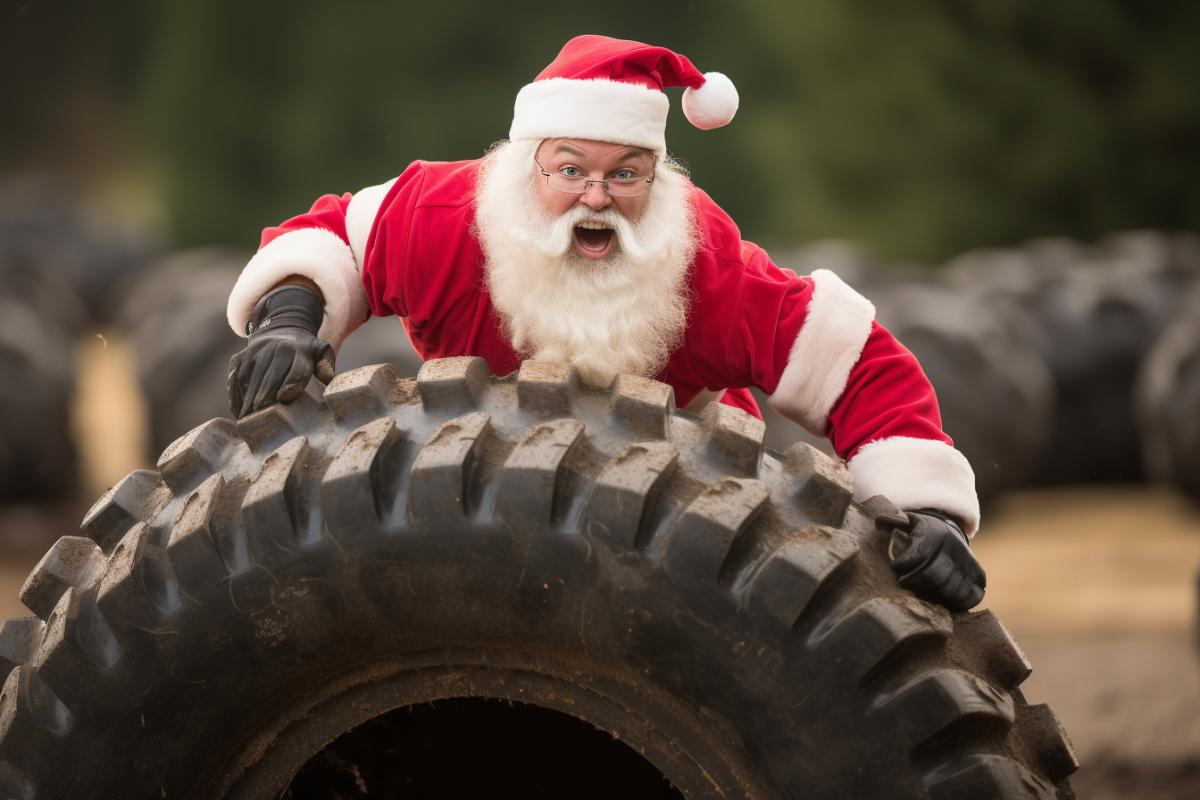 Santa tackles an obstacle course at a military training base, professional photo