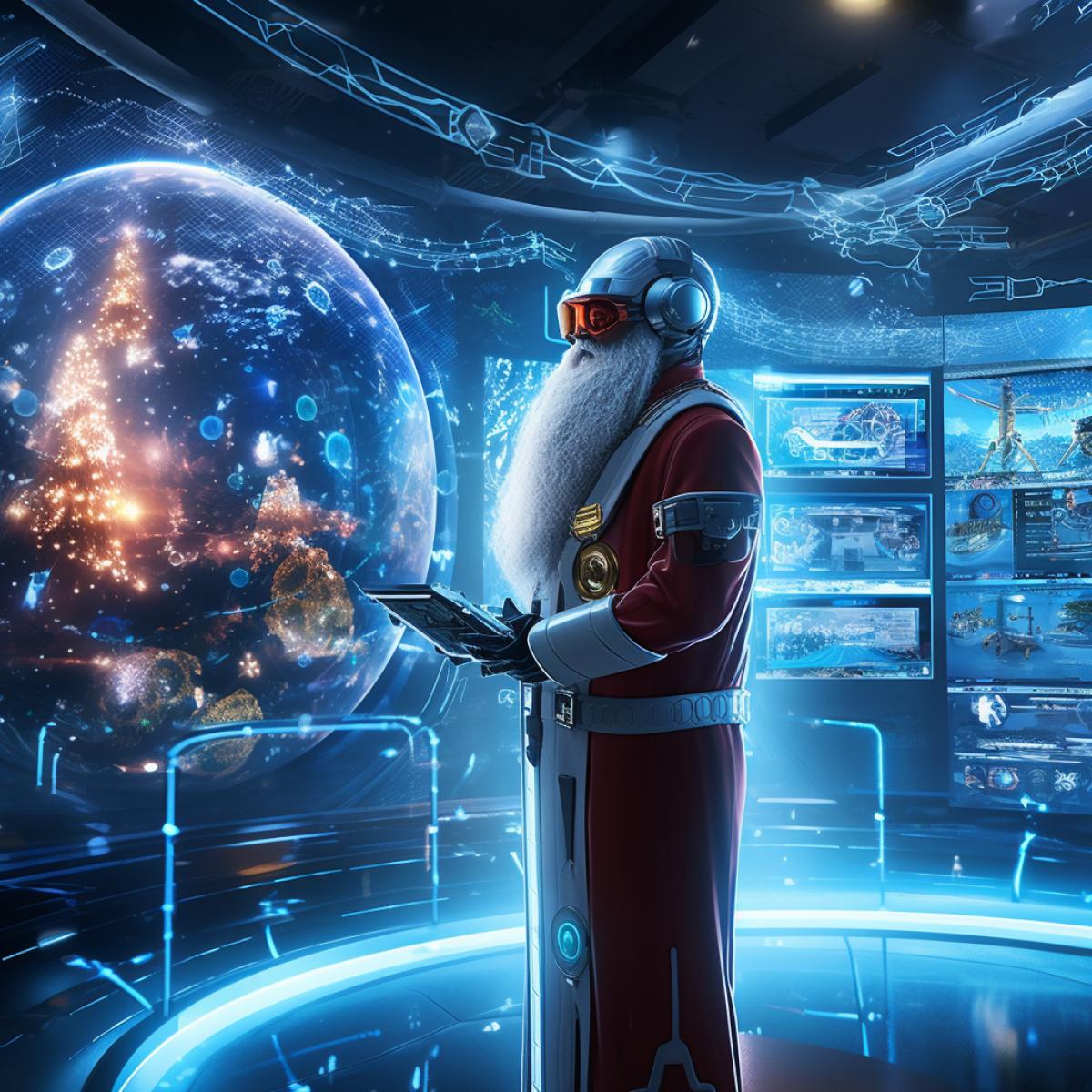 A Father Christmas with silver bionic limbs stands in a high-tech command center, managing a sophisticated gift delivery network through a virtual reality interface. The room is filled with holographic screens displaying routes and data. The atmosphere is futuristic and efficient. Art Style: Digital Illustration, Inspired by Syd Mead. Rendered with a cinematic lighting setup and high-resolution details.