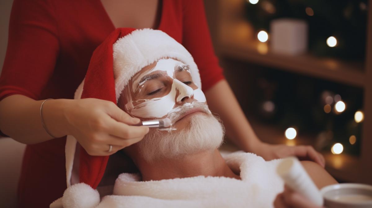 Santa undergoing spa treatments at a beauty salon, professional photo