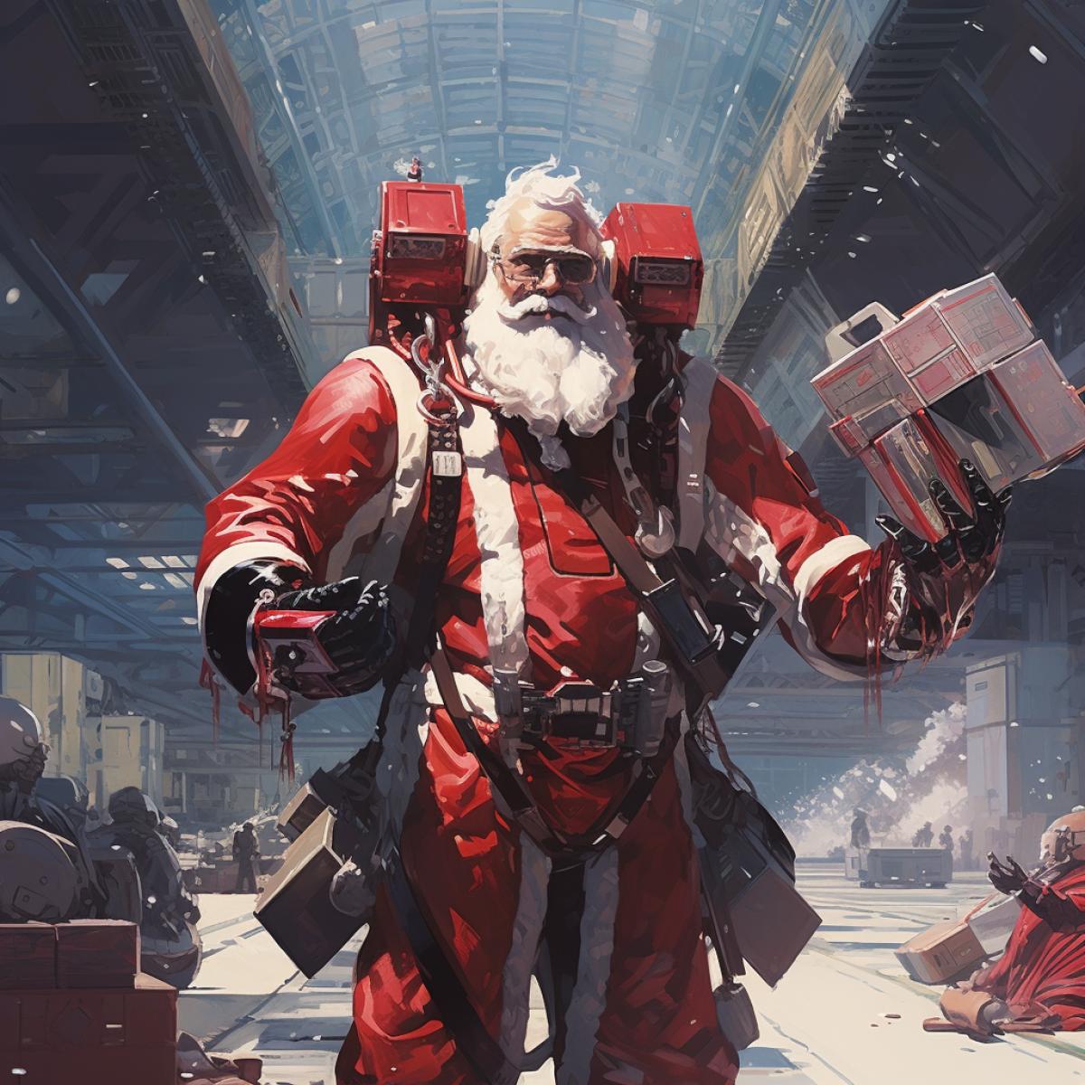 Cybernetic Saint Nick, smiling, rosy cheeks, dark gloves, prosthetic arms, prosthetic legs, Oculus Rift headset, gesturing mid-air, monitoring Christmas gift distribution center, truck loading bays, train shipping containers, drones taking off runways, coordinating entire operation via edge user interface, retro futurism by Syd Mead