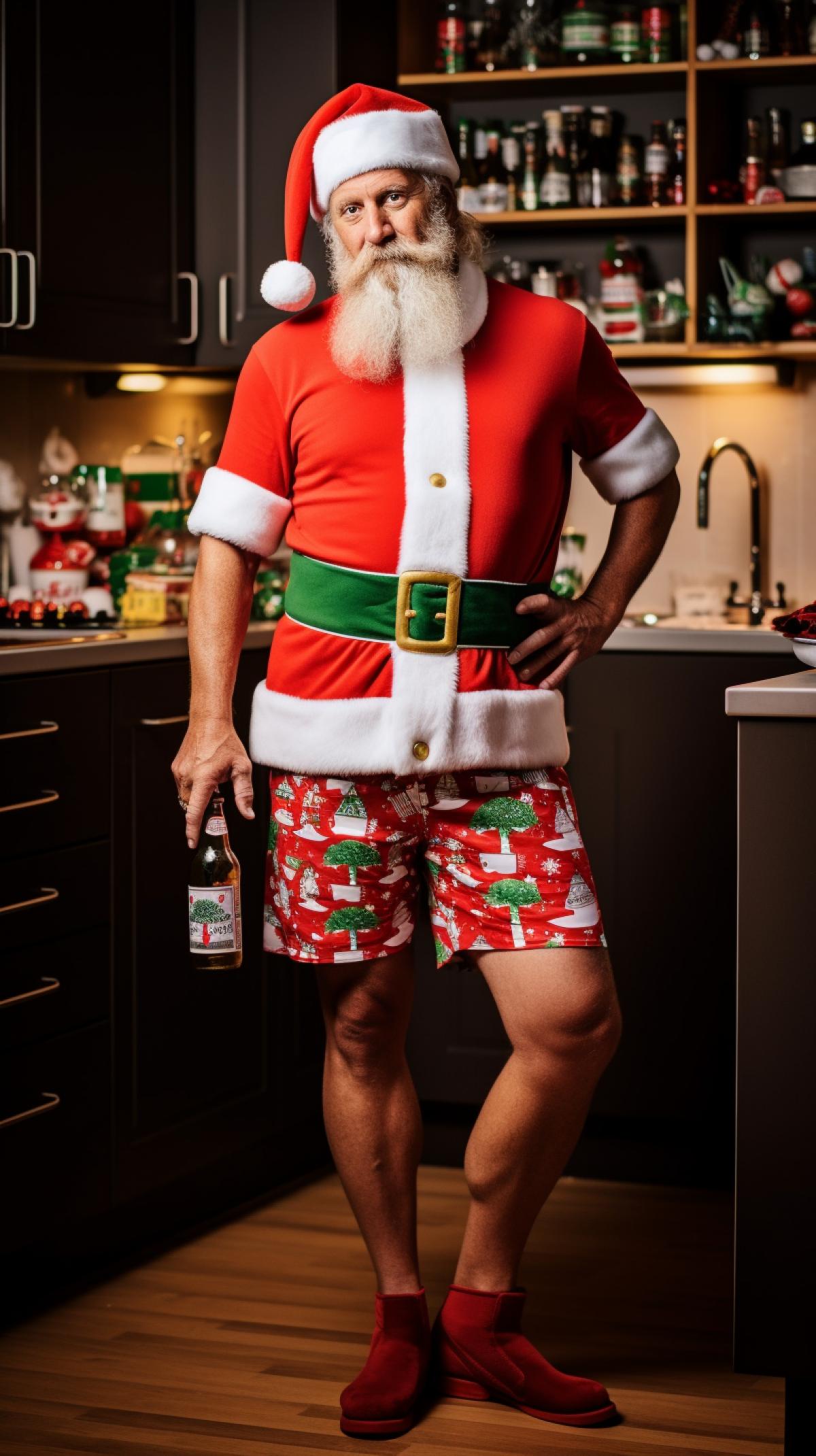 Santa in home shorts and T-shirt standing in the kitchen with a bottle of whiskey, in the style of the movie The Big Lebowski