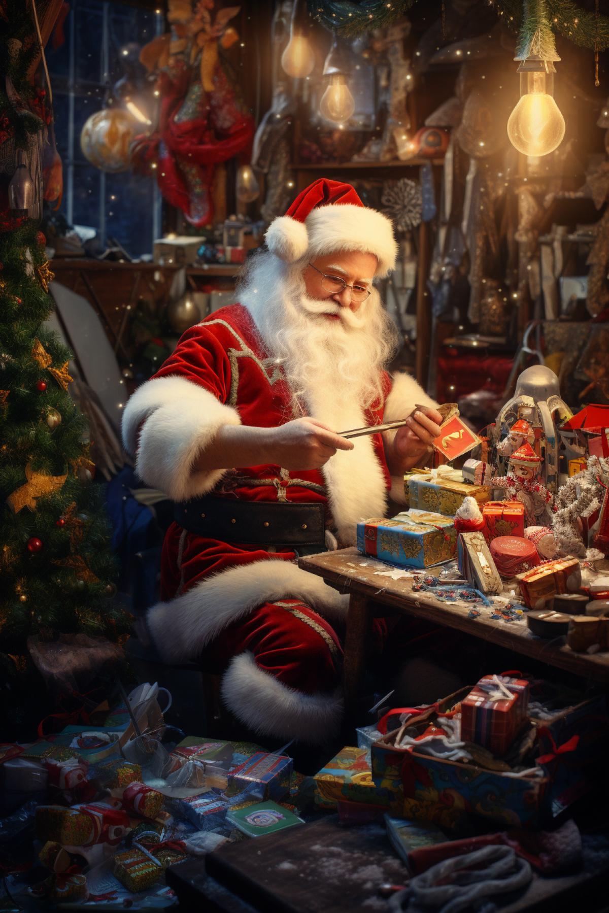Santa Claus is preparing for the New Year, located in a toy factory, high detail, good quality, atmosphere of fairy tales and joy, fantasy, bright good colors, realism
