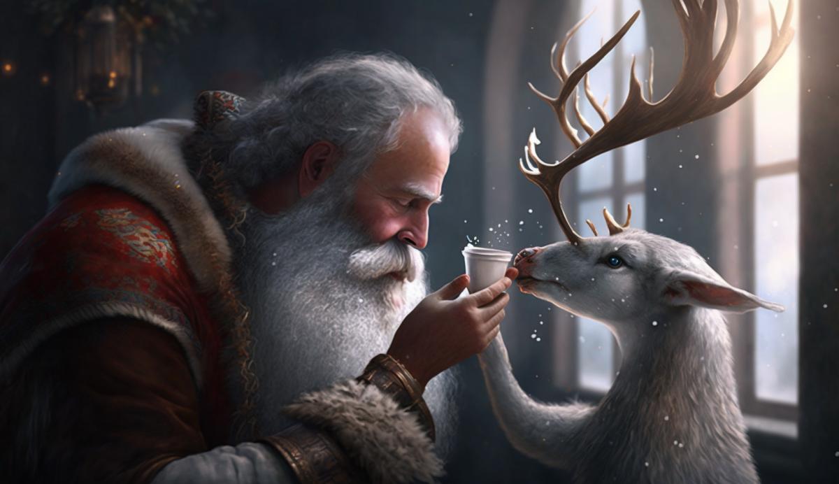 cool Santa Claus feeds the deer.