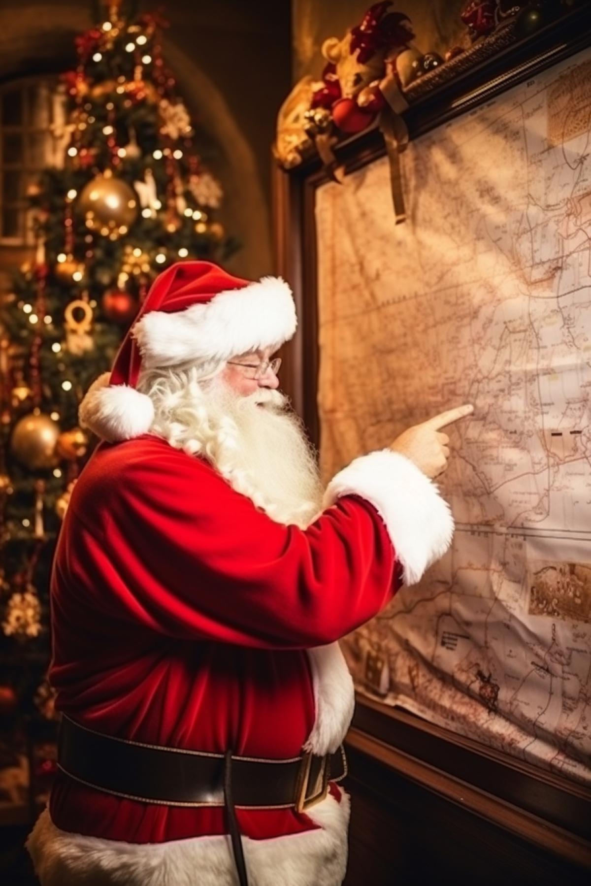 Santa watches the big map of the world on the wall marking places to visit Christmas eve sketches ready behind the window serious concentrated mood photo quality