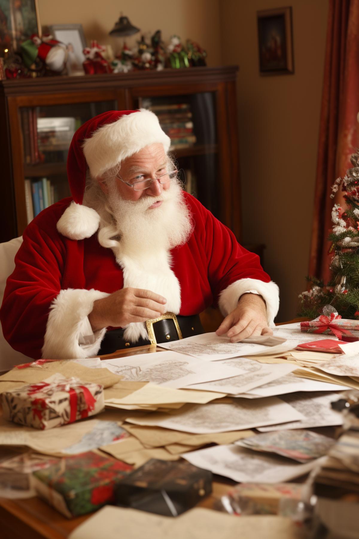 Santa on his office studying photos of kids to hang gifts