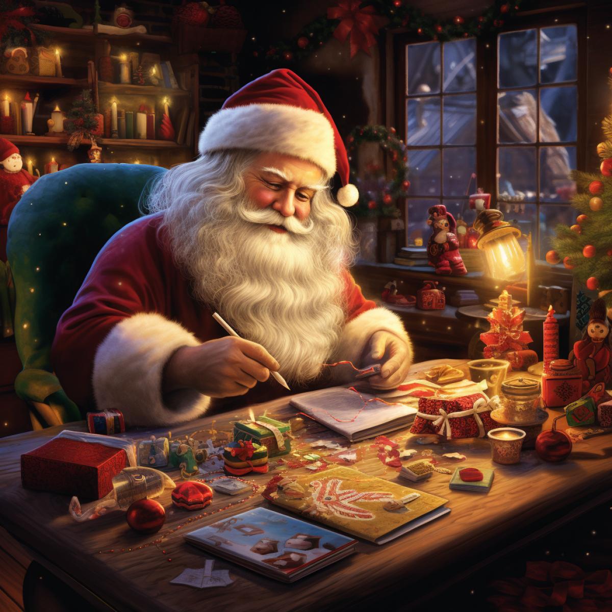 Surrounded by an array of twinkling garlands and colorful gifts, Santa Claus carefully folds letters from children around the world. There is a magical atmosphere at his desk, where every letter becomes a small piece of a child’s dream.