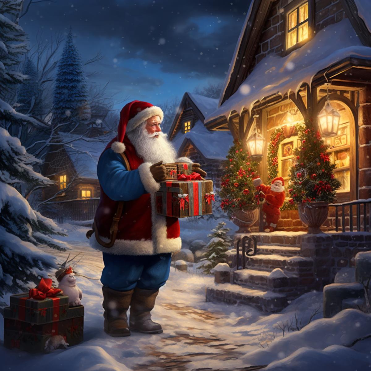 In the village near the old house of Father Frost, he happily checks his bag of gifts, making sure that each gift will bring smiles to childrens homes. Snowfall adds magic to this moment of anticipation.