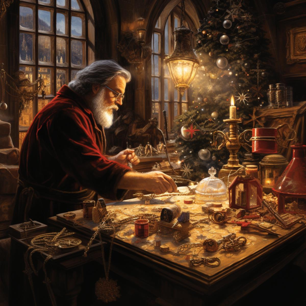 In Father Frosts workshop, the quiet night is filled with the sound of bells as he personally selects and decorates each gift. The table is strewn with shimmering packaging and garlands, creating an atmosphere of mystery and magic.