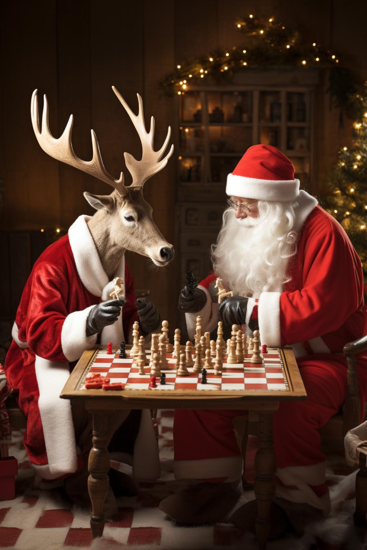 Santas magic deers playing chess