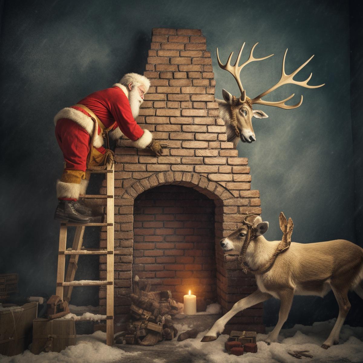 Santa Claus is training to climb into a chimney, he is helped by reindeer, rich colors, photograph