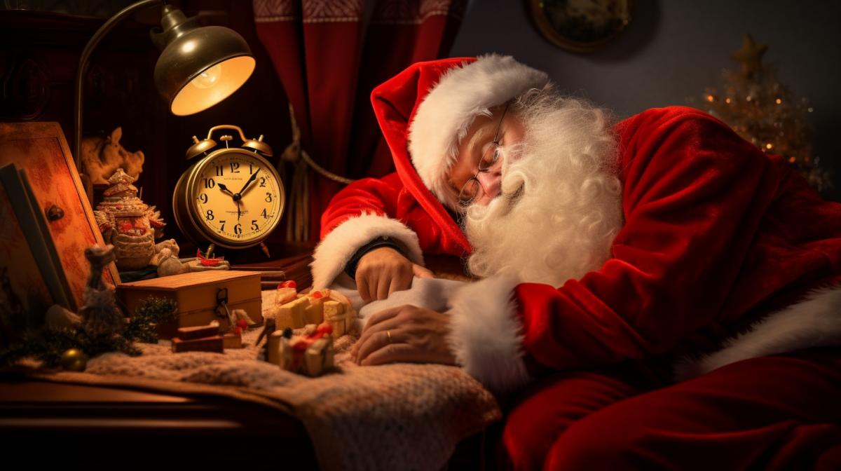 Santa Claus is sleeping under the covers in his bed, with an alarm clock on his bedside table, nighttime, soft candlelight