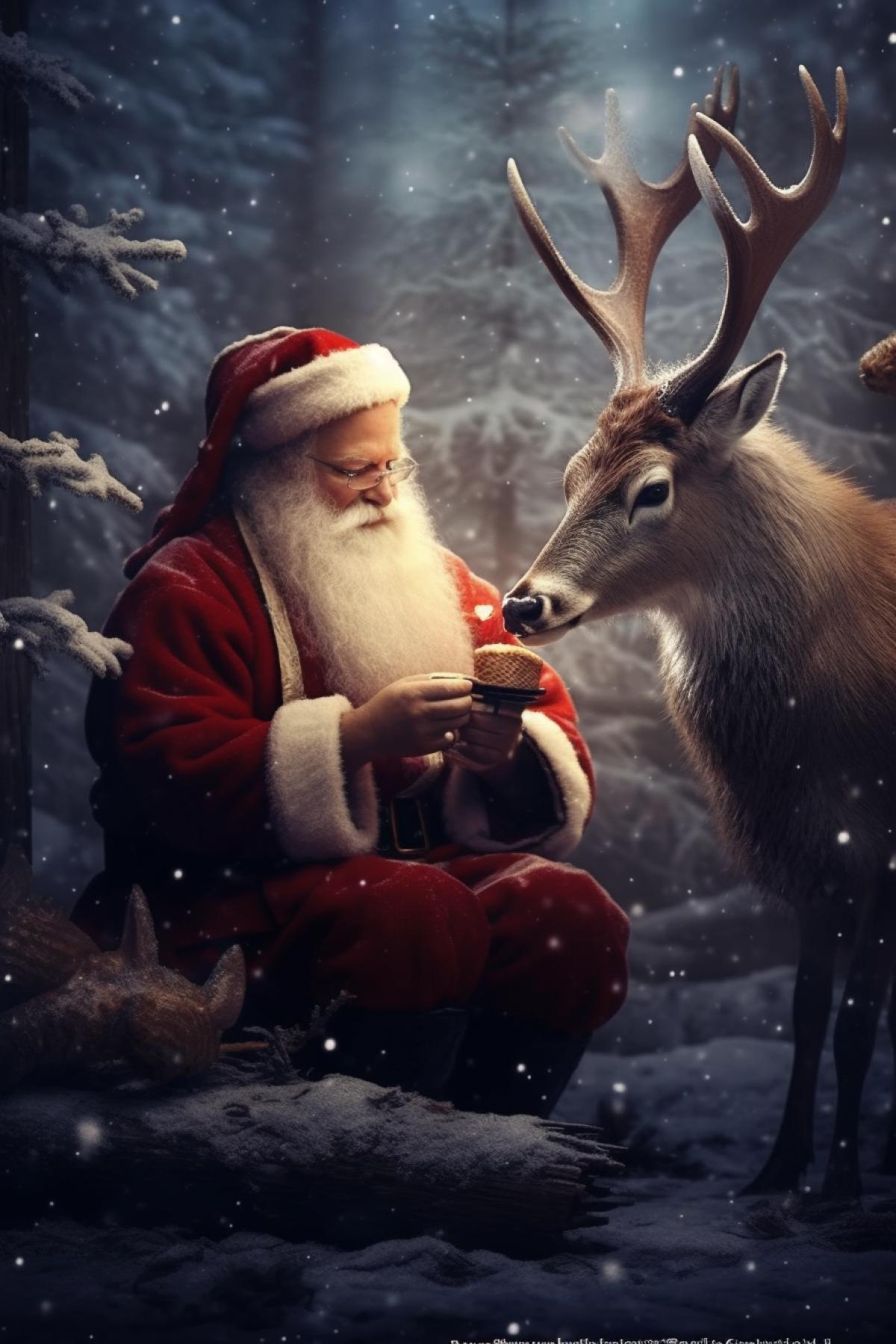 Cute Santa Claus feeding a deer