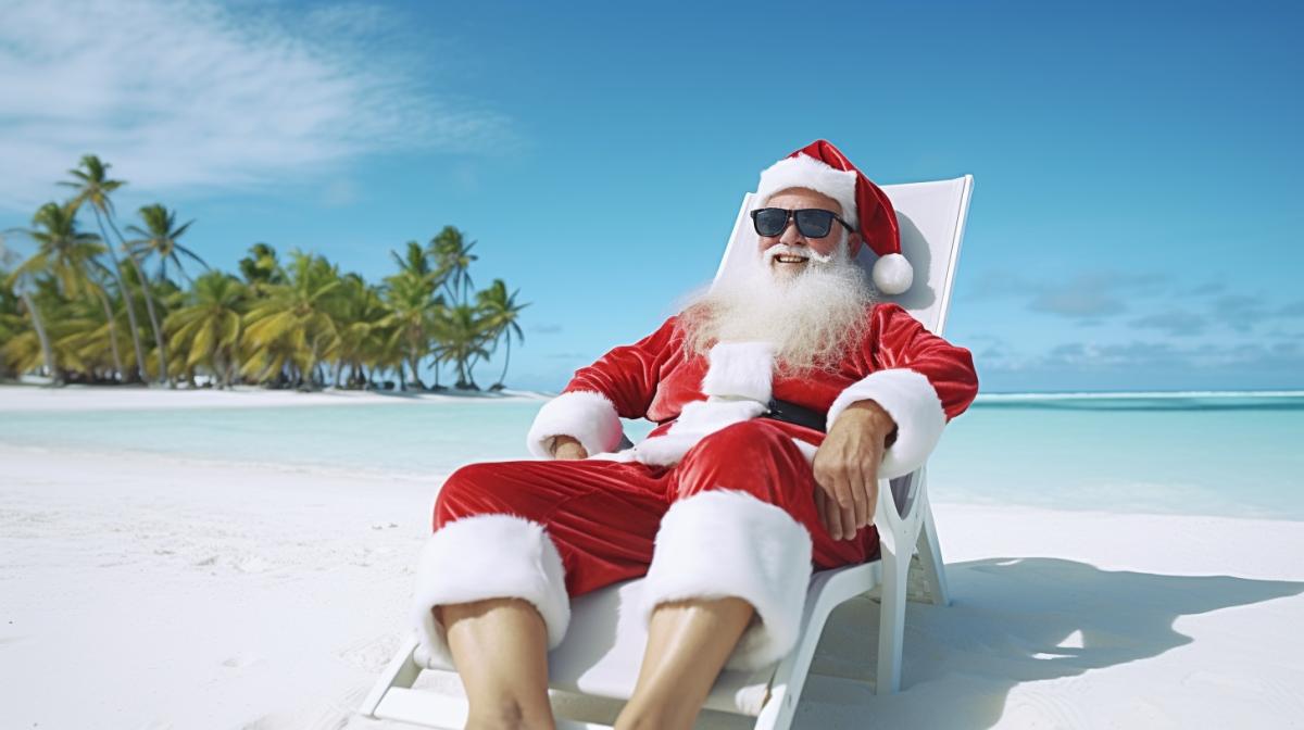 Santa Claus relaxing in a lounge chair on a tropical beach, drinking arockettail, Maldives, wearing sunglasses, white sand, palm trees, azure sea