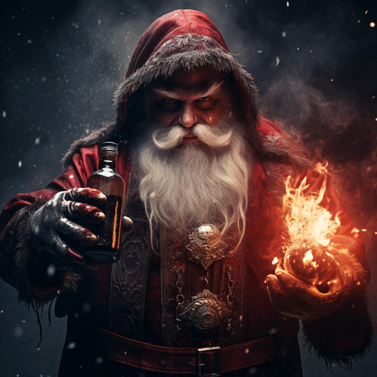 dark Santa Claus holds a red magic potion in his hand that explodes, lightning, soul flies out behind him, cloak, spirit magic wraps around the subject, splash effect, Gothic style, evil, skull, undead, thick fog, fireworks, golden explosives, rich background, surreal, high detail, ultra realistic, mathematical Lighting, ColorGrading, Portrait Photography, super detailed, beautiful color graded, Unreal Engine 5. 2,16k