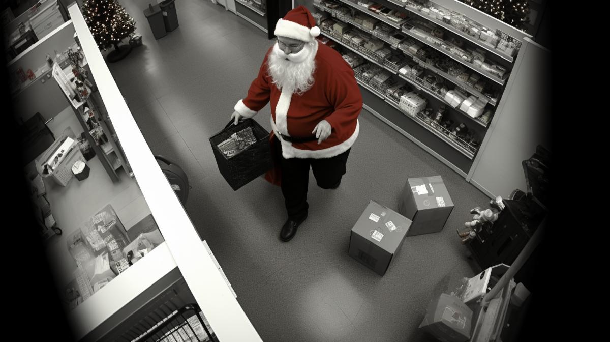 dark and white security camera, Santa Claus stealing toys from a store, putting them in a big bag, shot from a high angle