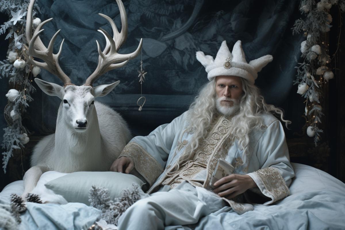Russian Father Frost lies on the bed next to a Christmas tree and a deer