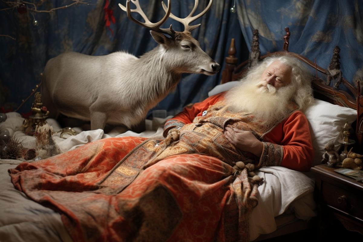 Russian Father Frost lies on the bed next to a Christmas tree and a deer