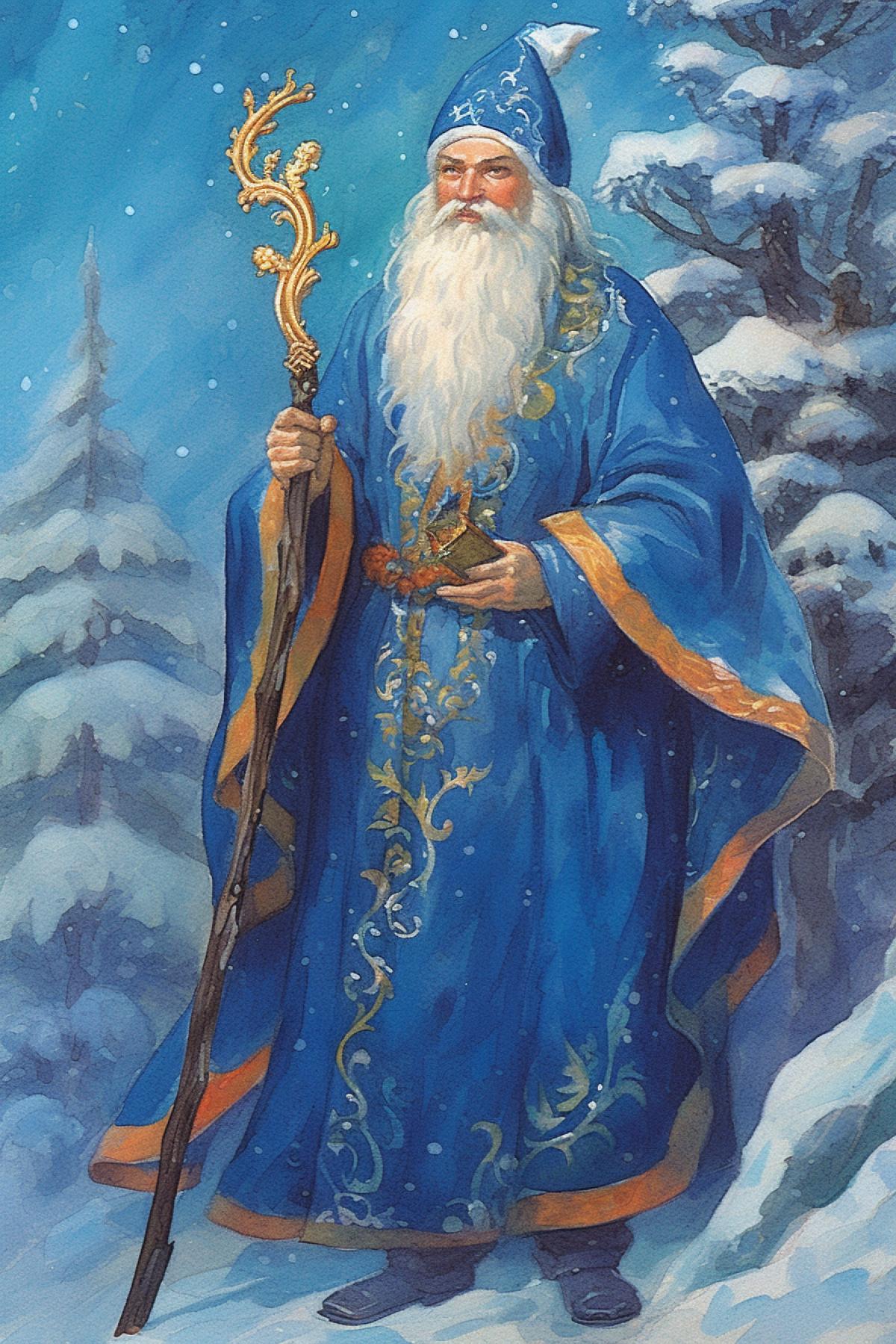 Russian Soviet Santa Claus in a blue long caftan with a sash, staff, Soviet postcard style, New Year tree