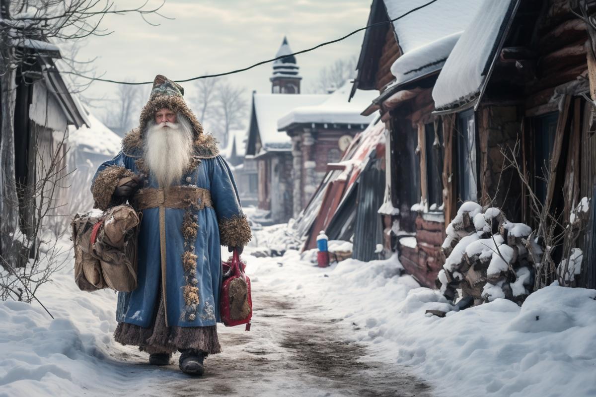 Russian Father Frost Walking with a bag of gifts through a Russian village in winter