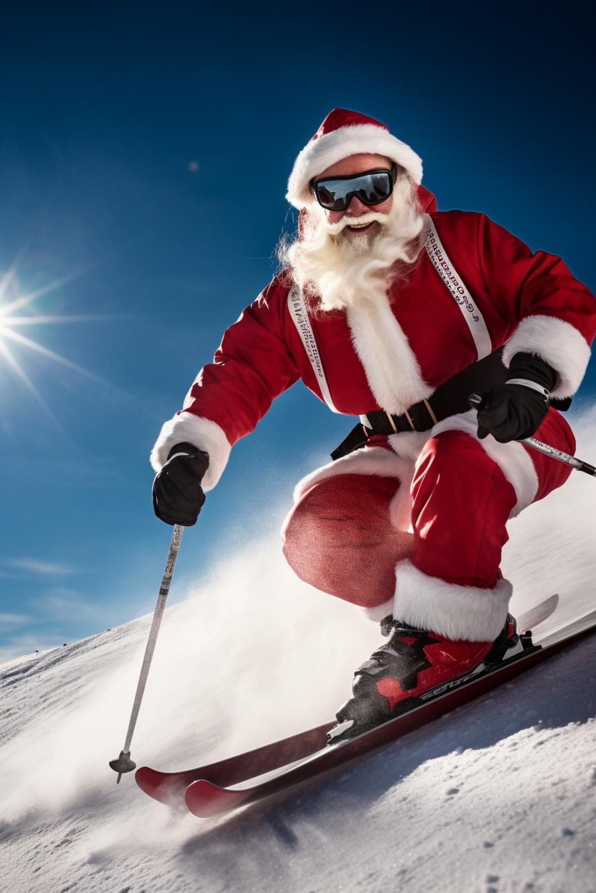 Father frost wearing sunglasses ski on top of mountain slides down speedway sunny winter day dynamics rush epic sporting 4k breathtaking speed