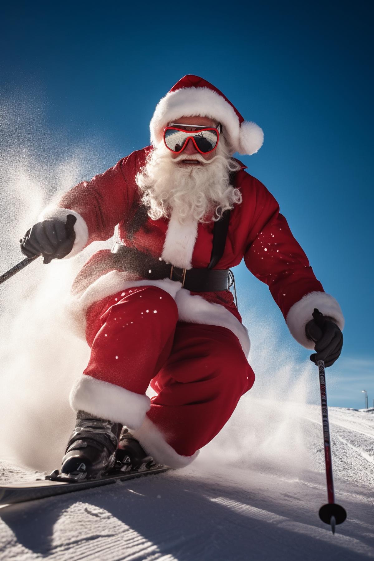 Father frost wearing sunglasses ski on top of mountain slides down speedway sunny winter day dynamics rush epic sporting 4k breathtaking speed