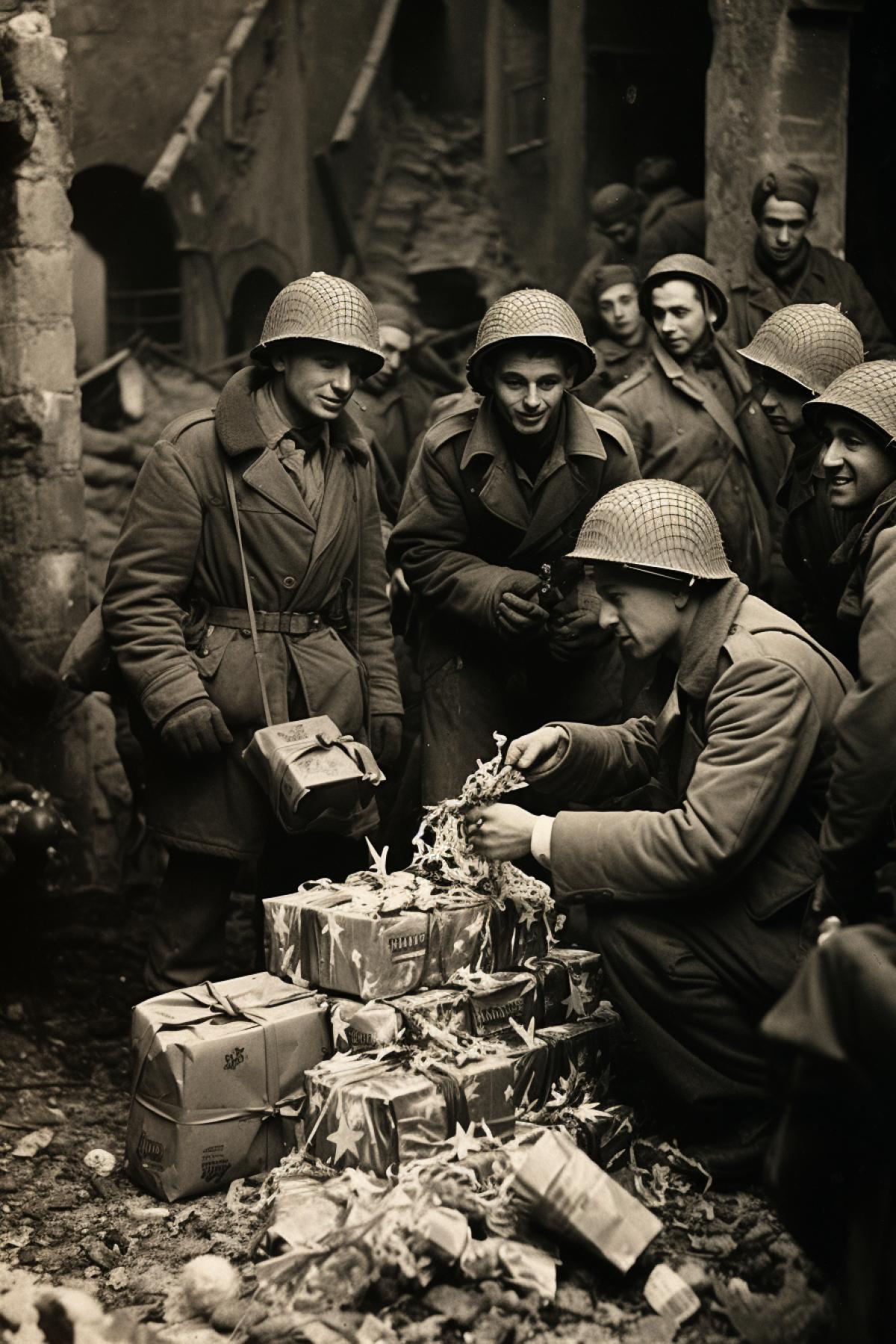 American soldiers during world war short break between fights accept New-year gifts from Santa on the background of explosions broken tanks destroyed houses dark-and-white chronicle photo