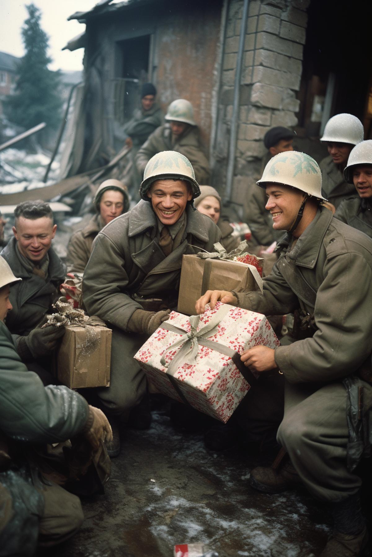 American soldiers during world war short break between fights accept New-year gifts from Santa on the background of explosions broken tanks destroyed houses dark-and-white chronicle photo