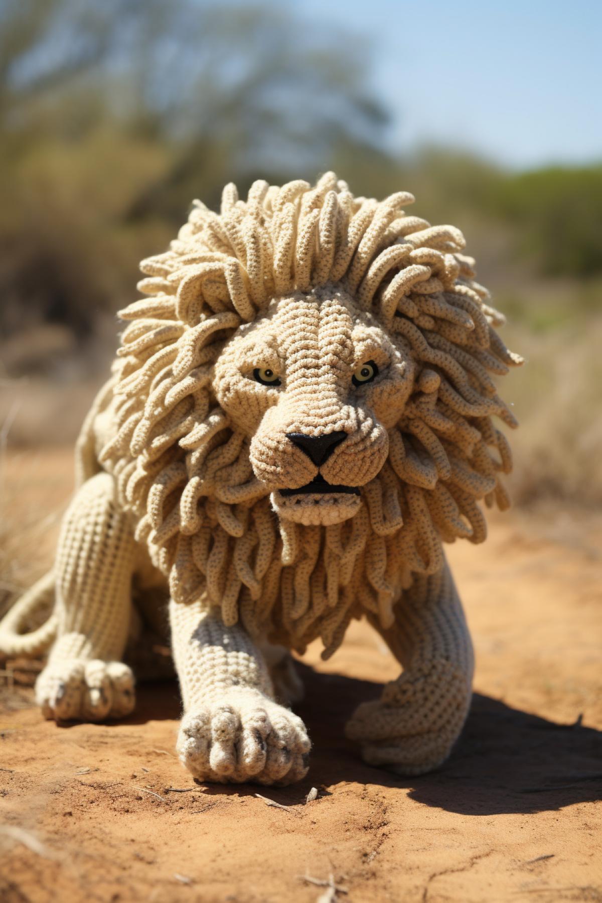 Knitted aggressive lion in rush hunting sunny Africa