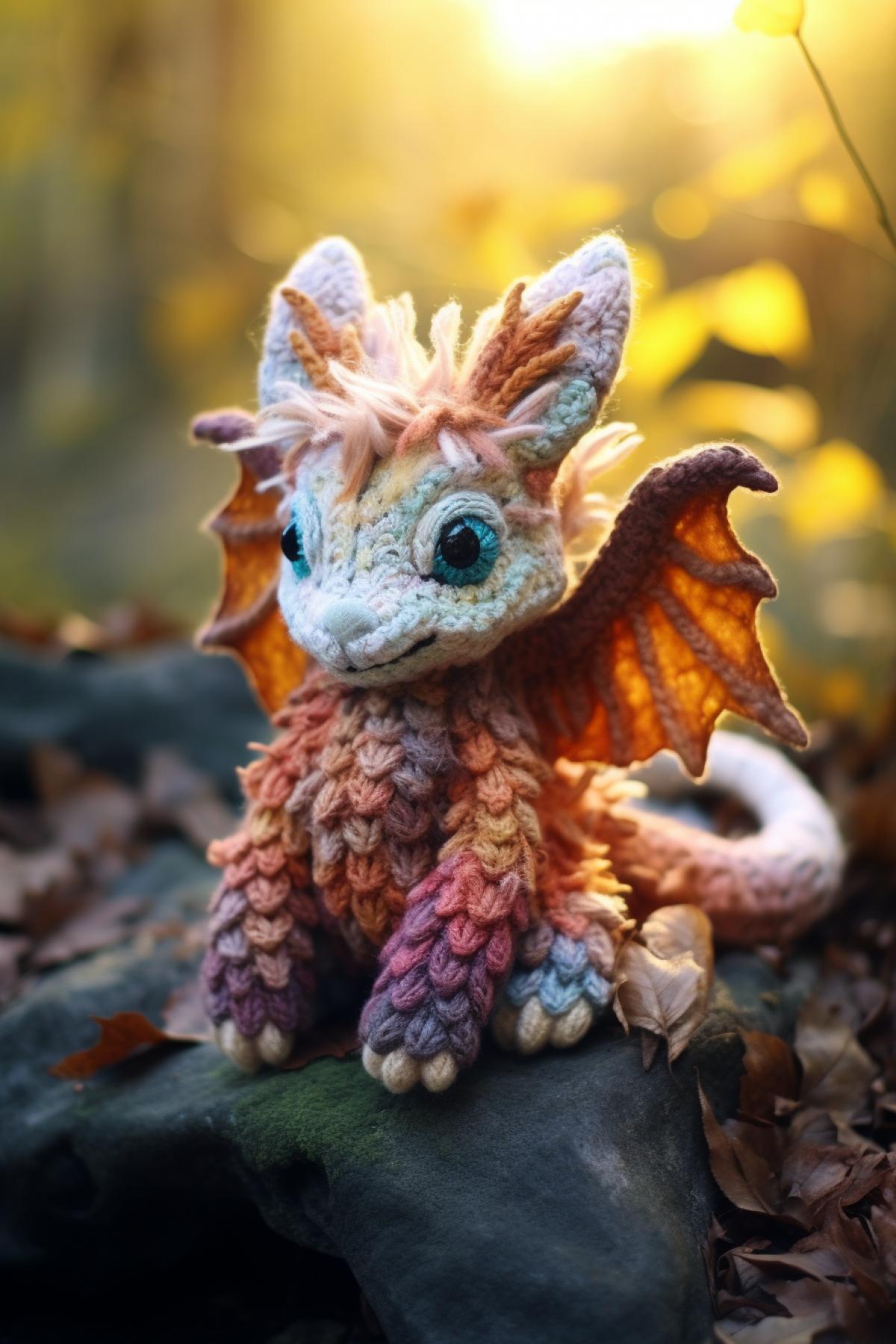 Knitted dragon in Narnia, soft light, watercolor