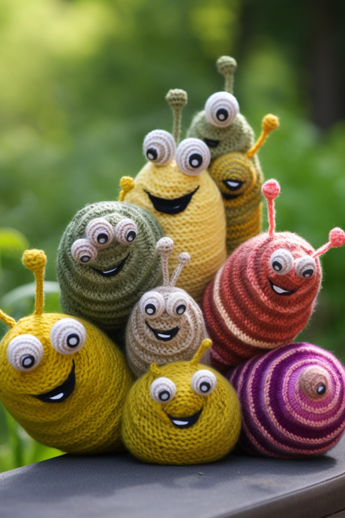 Knitted funny faces escargots family in a rush