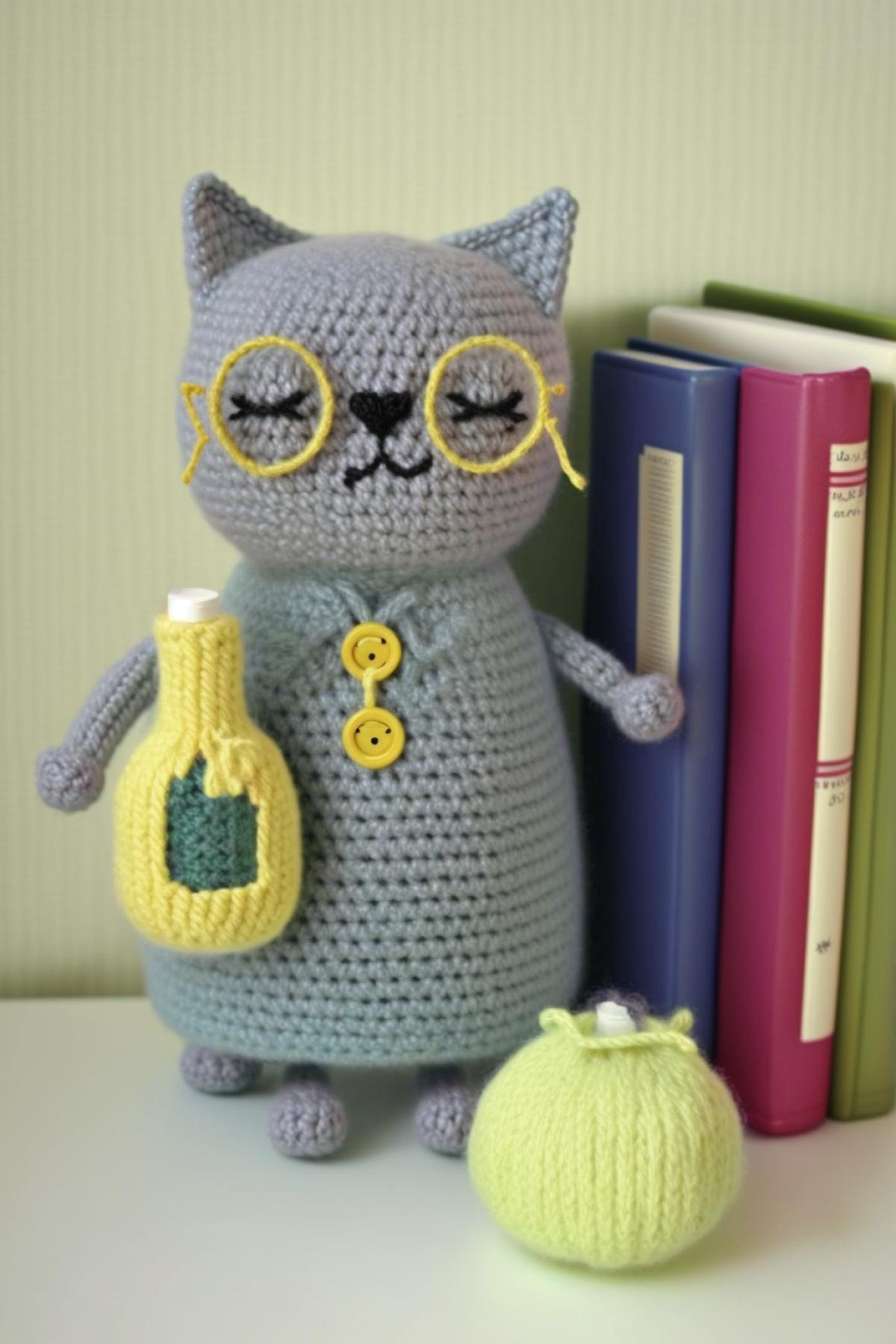 Toy knitted scientist cat with flasks and books