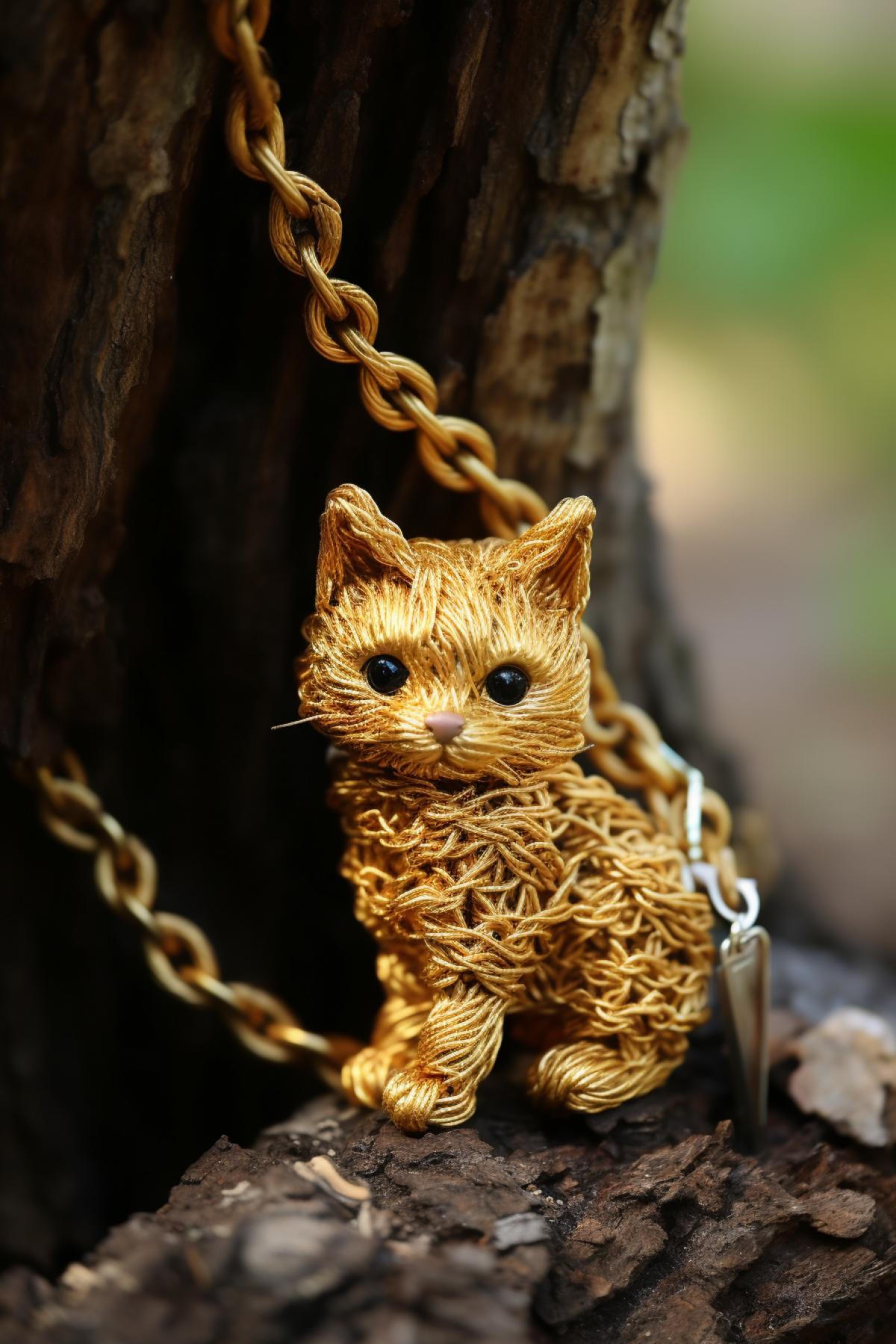 Thick golden windlchain 4k up around old oak with walking toy knitted of threads dark cat