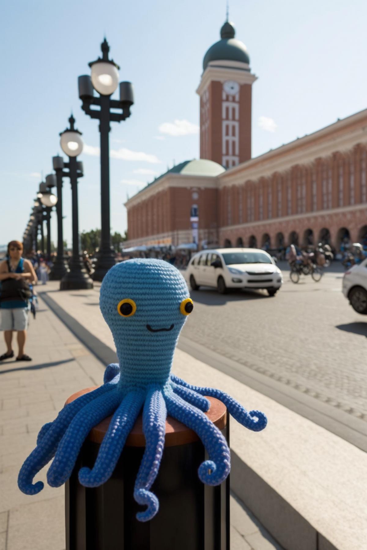 Knitted toy octopus is sad in St. Petersburg