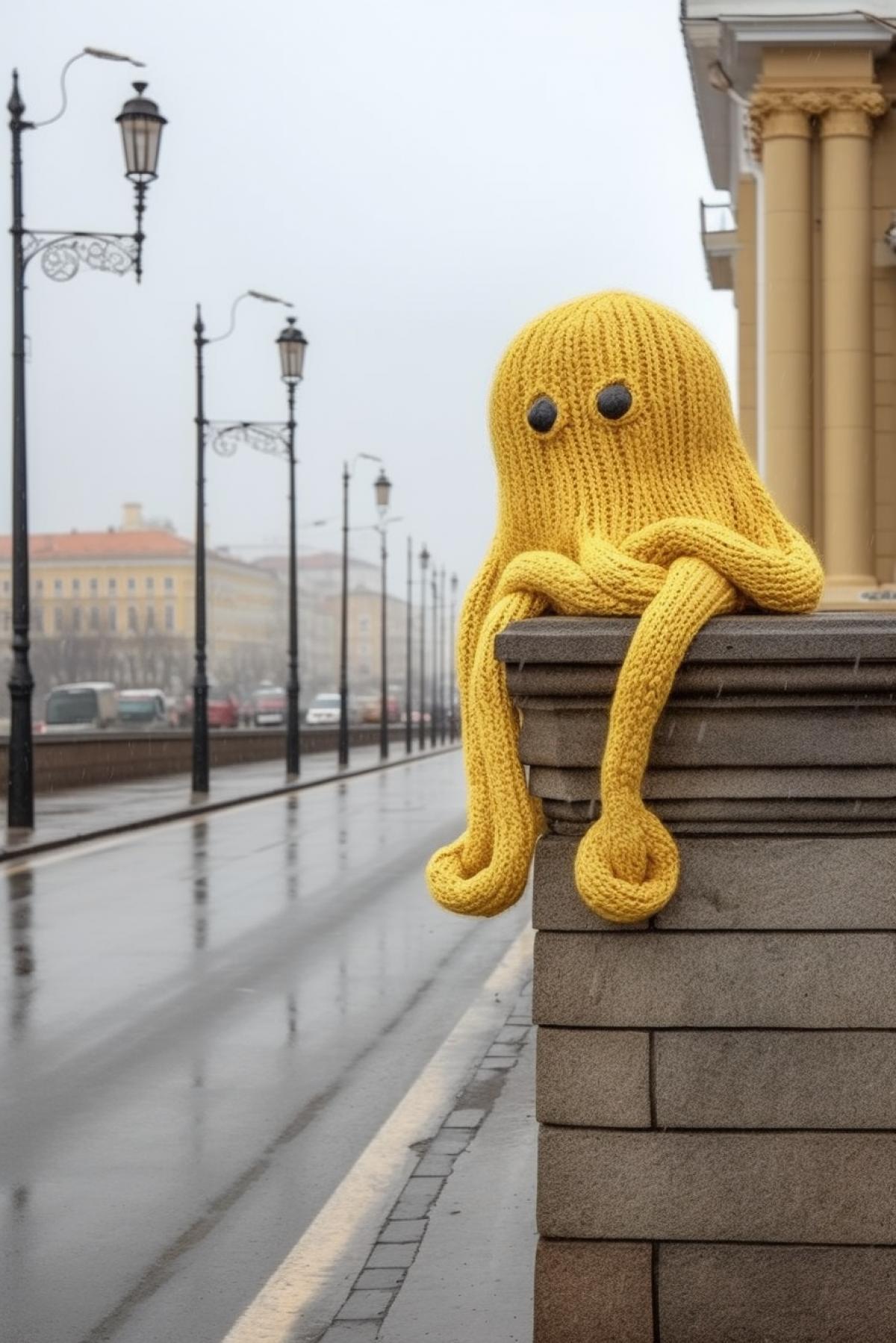 Knitted toy octopus is sad in St. Petersburg