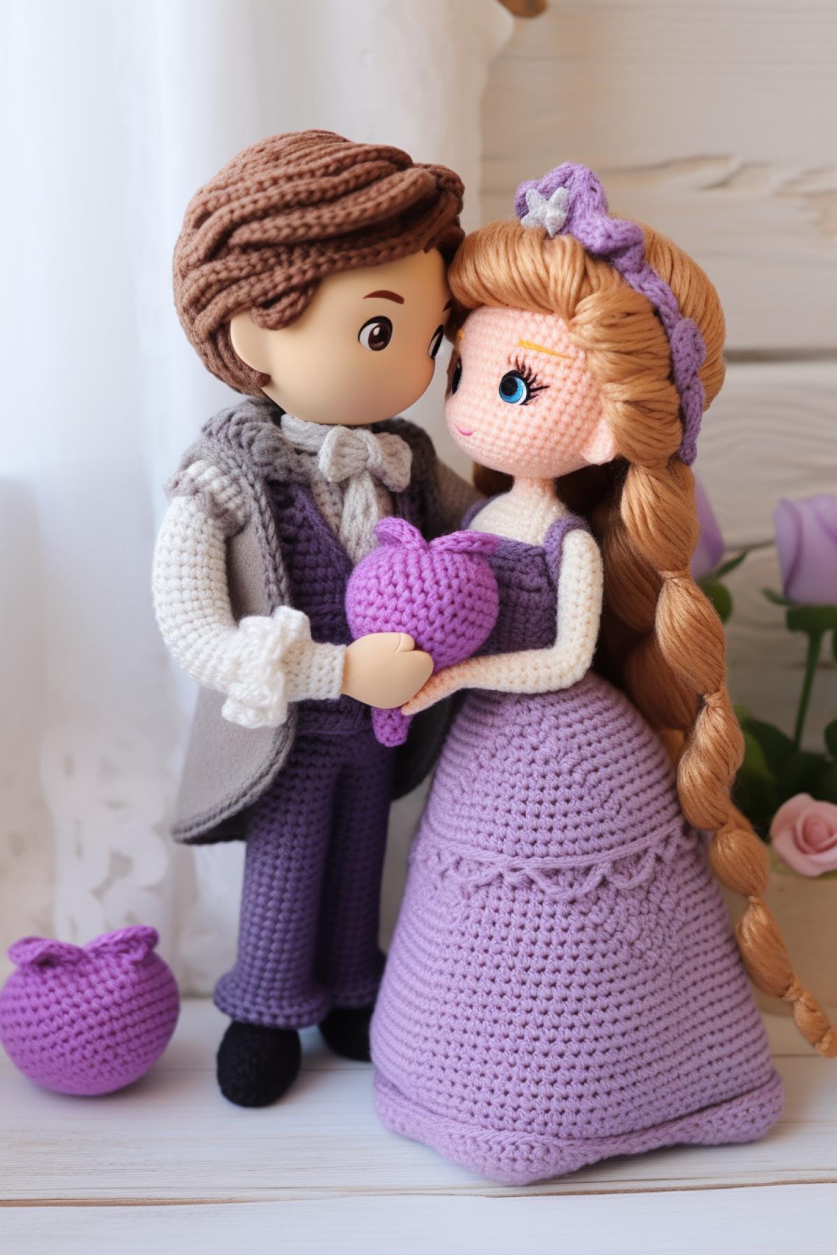 Knitted princess in love with knitted prince tenderness hugging