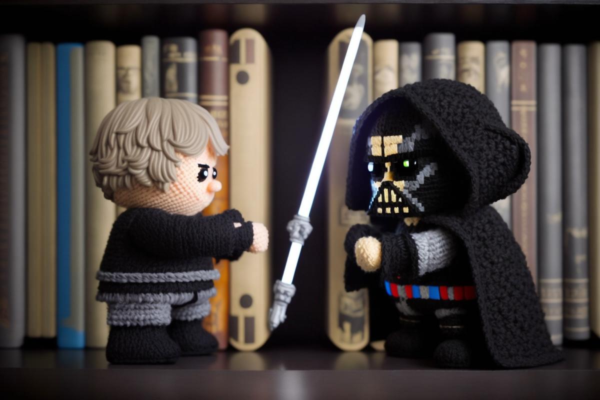 Luke Skywalker and Darth Vader in the form of full-length amigurumi toys, fighting with lightsabers, on a bookshelf, professional photo, hyperdetailed, hyperrealistic