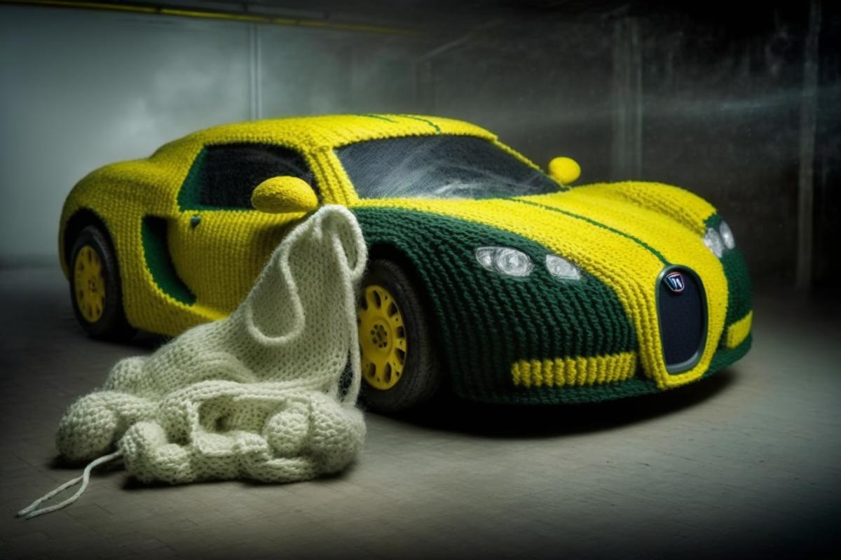 fashionable sports car knitted from woolen threads
