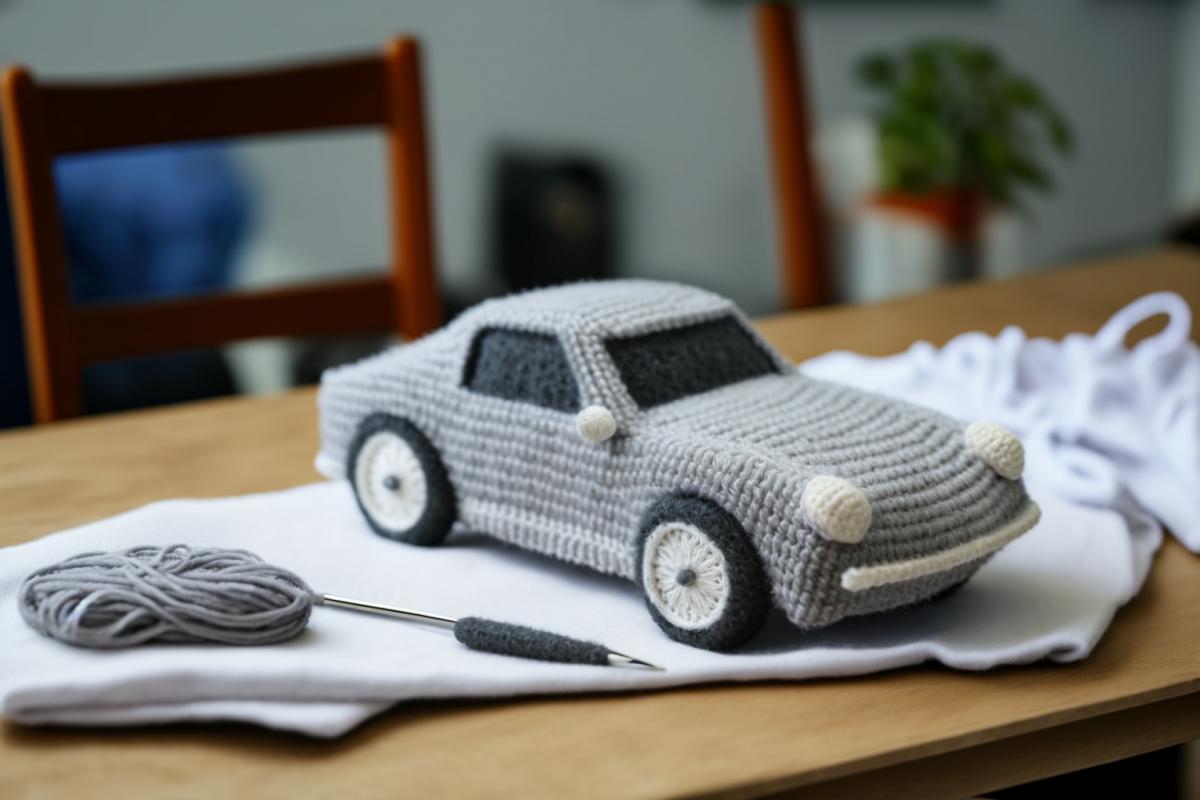 fashionable sports car knitted from woolen threads