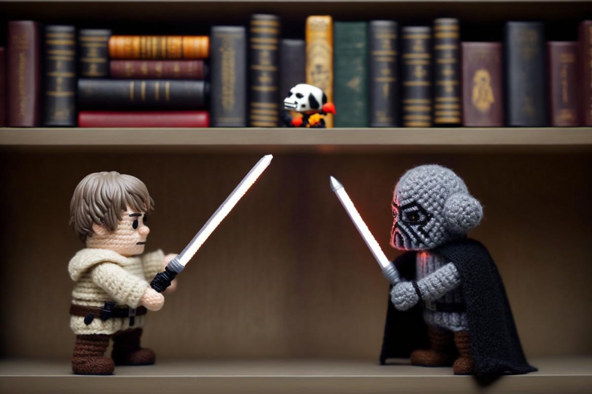Luke Skywalker and Darth Vader in the form of full-length amigurumi toys, fighting with lightsabers, on a bookshelf, professional photo, hyperdetailed, hyperrealistic
