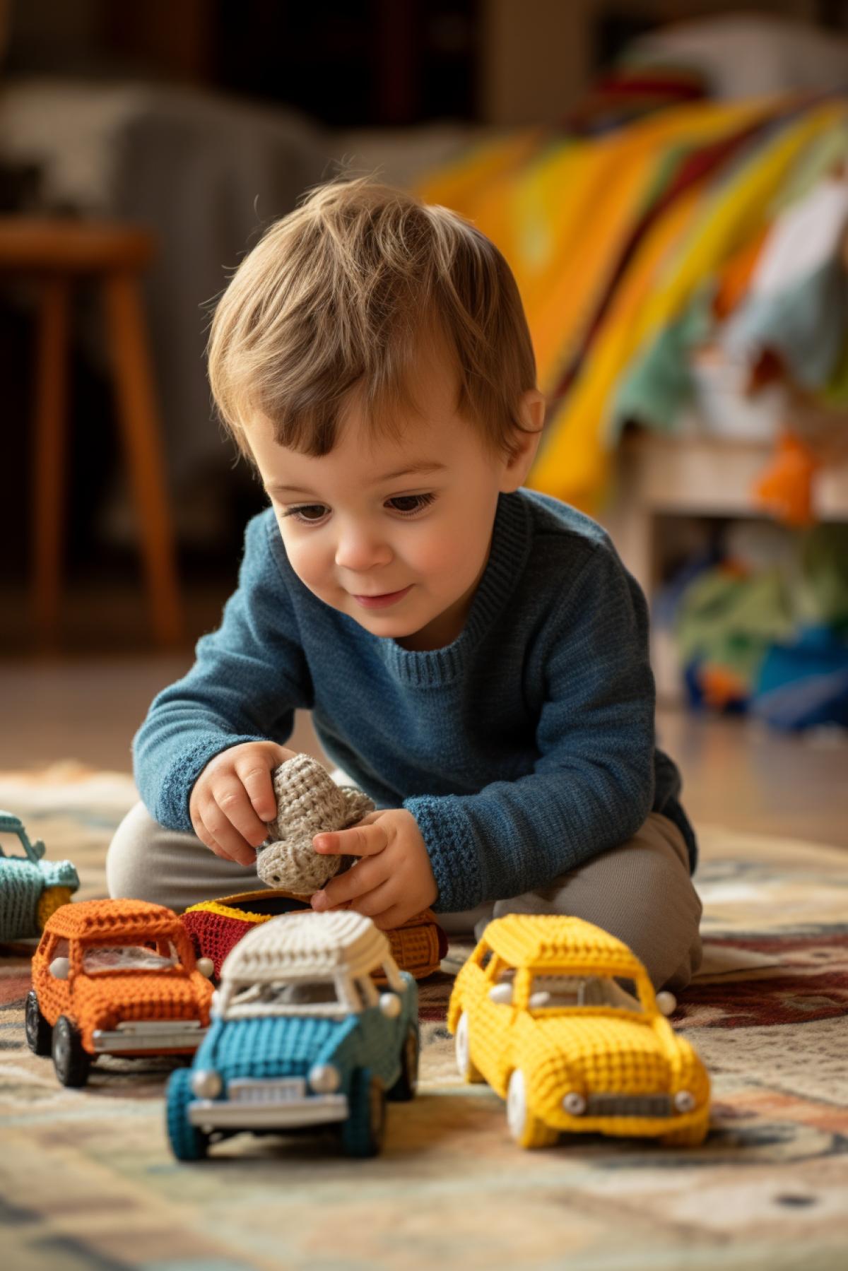 Little boy playing with knitted pseudometal cast cars