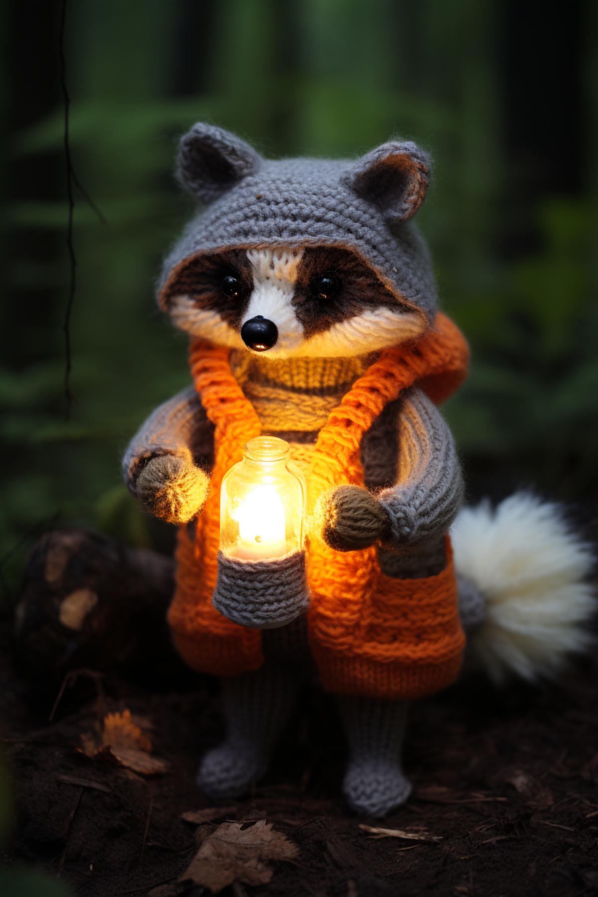 Knitted toy Rescue Raccoon with a beacon-lantern