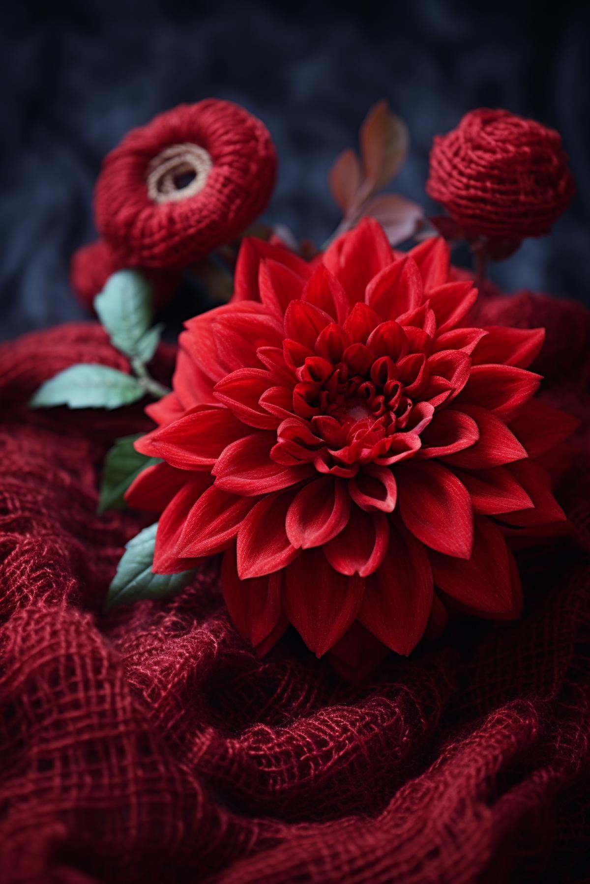 Knitted exotic red flower in dark room