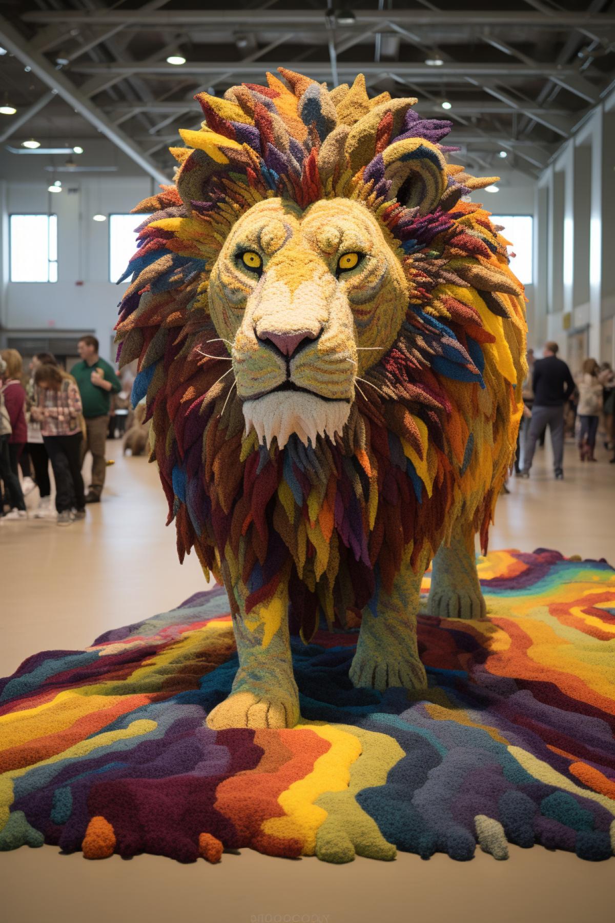 Knitted carpet with picture of African wild life where the knitted lion transformed into alive animal