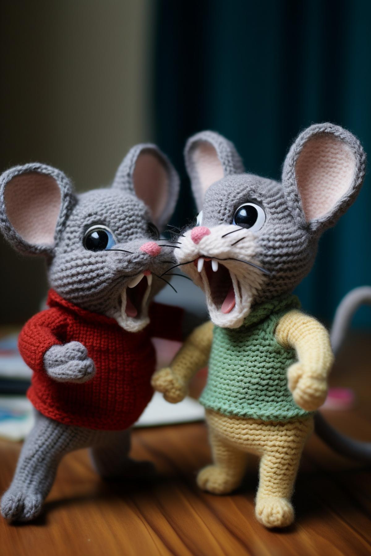 Knitted Tom and Jerry toys next to each other